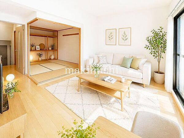 【リビングのAIイメージ写真】AIによる家具設置例のお写真となります。（実際に家具は付いておりません。ご自身のご趣味に合わせてご設置いただきますようお願い申し上げます。参考写真）