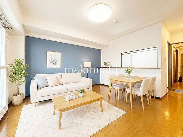 【リビングのAIイメージ写真】AIによる家具設置例のお写真となります。（実際に家具は付いておりません。ご自身のご趣味に合わせて、ご設置いただきますようよろしくお願い申し上げます。参考写真となります♪）