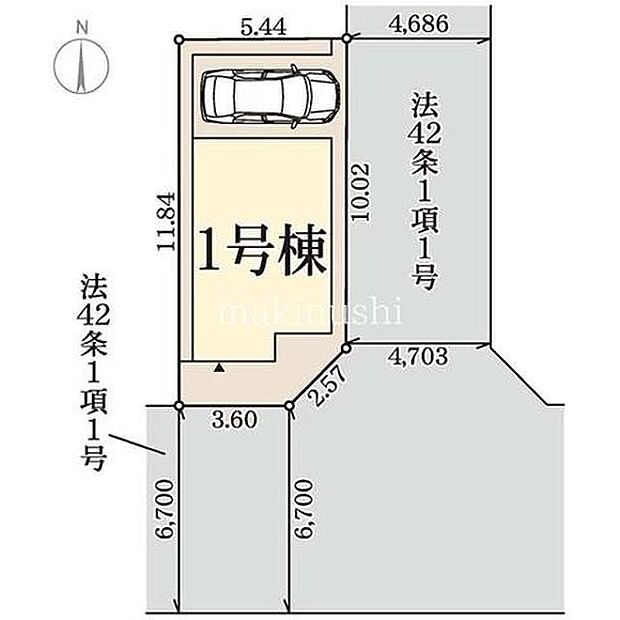 区画図 東南角地で交通量が少ない立地です。