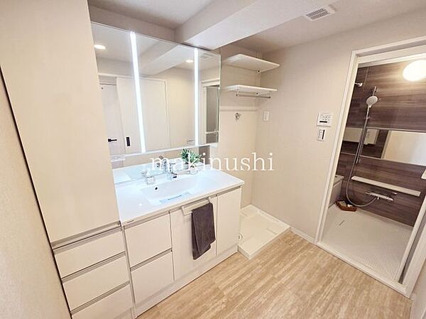 洗面室が広く、大きな洗面台も魅力的です。鏡の後ろは全面収納です。