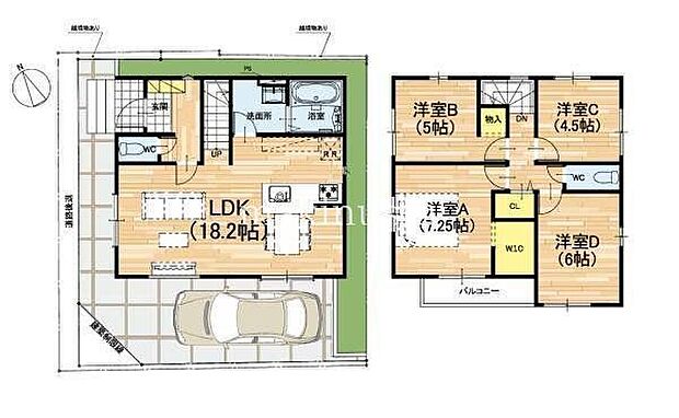間取図4LDKのゆとりある間取りで、LDKは約18.2帖と広々。ご家族が集まる団らんの場として快適にお過ごしいただけます。各居室には収納スペースを備え、お部屋をすっきり使えます。
