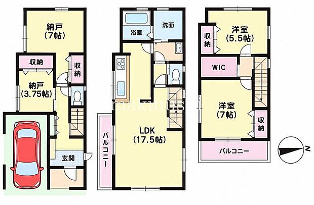 間取図2LDK+納戸・納戸のゆとりある間取り!LDK約17.5帖で、家族が集まる快適な空間を実現。収納豊富でお部屋もすっきり片付きます。新生活にぴったりの住まいです!ぜひ現地にてお待ちしております