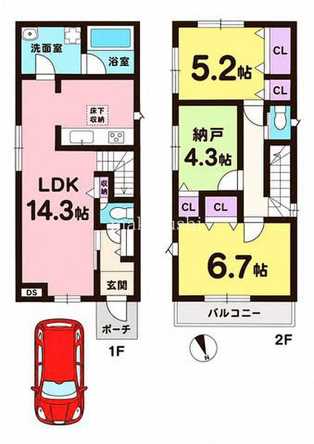 間取図約14.3帖LDKに洋室2部屋と納戸！使いやすい間取り。家族が集まるLDKを中心に、寝室や子供部屋など部屋を使い分けできます。納戸には季節物や日用品を収納でき、室内をすっきり保てます。
