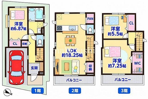間取図約18.2帖の広々としたLDKは、ご家族が集まる憩いの空間!洋室は3室あり、各お部屋に収納スペースを確保しています。ご家族それぞれのプライベート空間も大切にできる、使い勝手の良い間取りです。