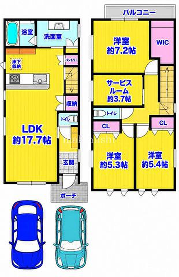 間取図面大阪狭山市池尻中1丁目に新築戸建が完成しました！3LDK＋納戸＋WICを備え、収納スペースも豊富。約17.7帖のLDKはゆとりある快適な住空間です。ご家族での新生活におすすめの一邸。