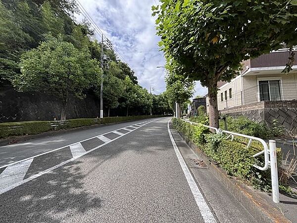 幅員約6mの前面道路です。車がすれ違うのに十分な道幅です。車が2台と通行人も通れる幅となっています。