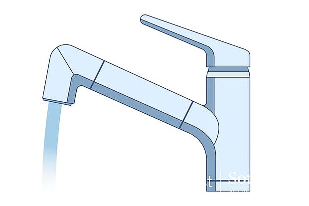 浄水と水道水を切り替えて使用できるスッキリとしたデザインの浄水器一体型水栓。ヘッドを引き出して使えるのでお料理はもちろんシンクの掃除が容易。
