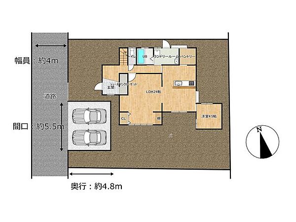 【敷地配置図】土地82坪の広々とした住宅ですよ。駐車場は並列2台です。庭も広いので、ゆったりとした生活を送れます。