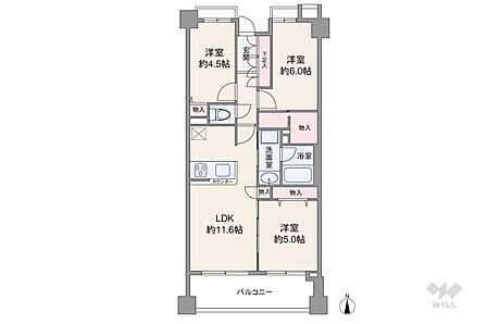 間取りは専有面積60.12平米の3LDK。LDK約11.6帖の縦長リビングのプラン。バルコニー面積は9.52平米です。