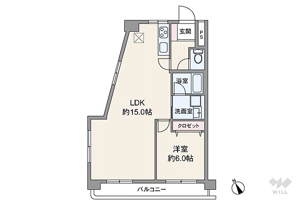 間取りは専有面積48.96平米の1LDK。LDK約15帖のプラン。バルコニー面積は5.94平米です。