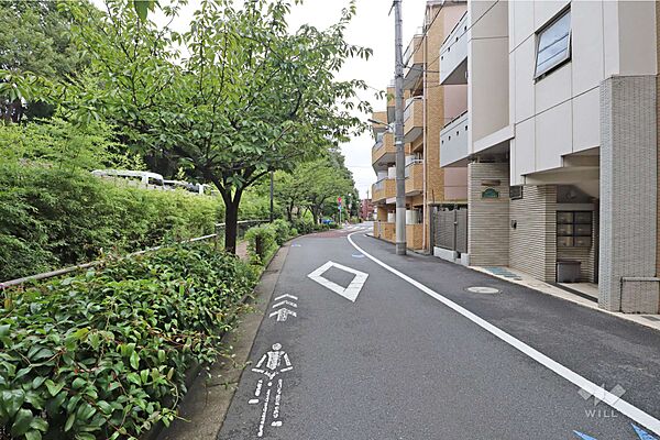 物件の北東側前面道路（東側から）緑の多い通りです。