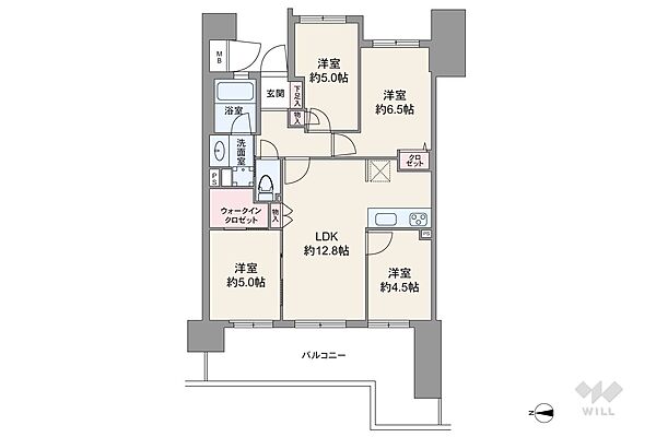 間取りは専有面積73.14平米の4LDK。バルコニー面積は18.57平米です。