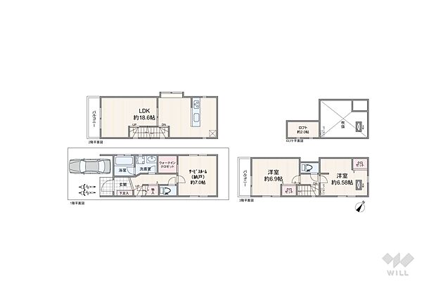 間取りは延床面積92.71平米の2SLDK。LDKは中央に間仕切りがあり、リビングとダイニングキッチン部分を分けて使うこともできます。