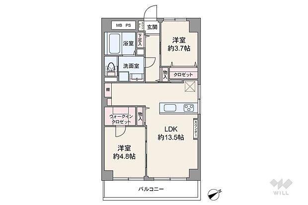 間取りは専有面積53.2平米の2LDK。全居室洋室仕様の縦長リビングプラン。バルコニー側の洋室は、リビングとつなげて使うこともできます。ウォークインクロゼット1か所あり。