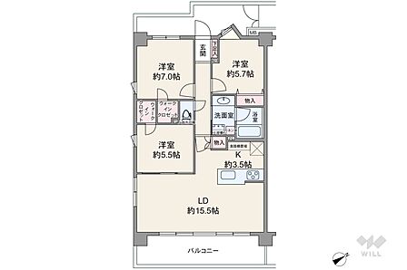専有面積78.85?の3LDK。南東・南西の角部屋につき日当たり良好。各居室に収納スペースが充実しています。