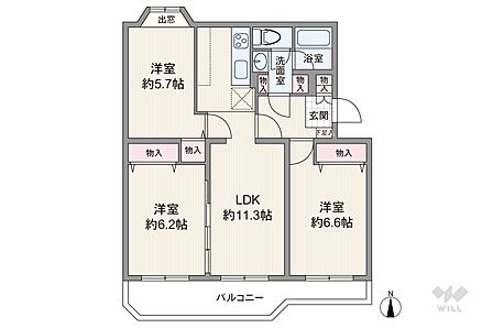間取りは専有面積68.3平米の3LDK。LDK約11.3帖のセンターリビングのプラン。バルコニー面積は9.03平米です。