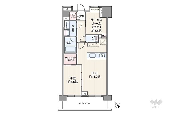 間取りは専有面積47平米の1SLDK。LDK約11.2帖の縦長リビングのプラン。バルコニー面積は7.5平米です。