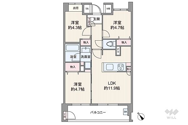 間取りは専有面積56.04平米の3LDK。LDK約11.9帖のプラン。バルコニー面積は8.77平米です。