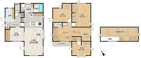 18帖のLDKを中心とした吹抜けやサンルーム、小屋裏収納を備えた開放感と収納力のあるファミリー向けの間取りです♪