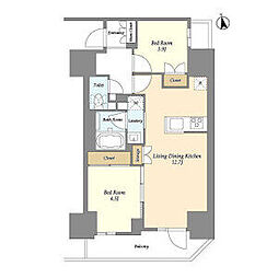 都営新宿線 船堀駅 徒歩9分の賃貸マンション 4階2LDKの間取り