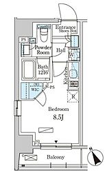 東京メトロ日比谷線 茅場町駅 徒歩1分の賃貸マンション 6階ワンルームの間取り