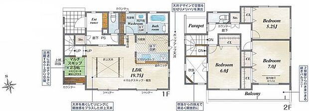 2階建て。LDK19.75帖(マルチスキップ含む)。マルチスキップ2.5帖。吹抜け。リビングイン階段。対面式キッチン。主寝室にクローゼット2つ。2部屋続きのバルコニー。