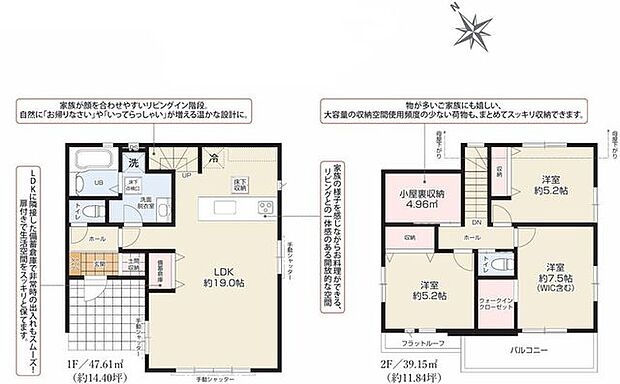 2階建て。LDK約19帖。2階洋室約5.2帖2部屋。洋室約7.5帖（ウォークインクローゼット含む）。土間収納。対面式キッチン。リビングイン階段。小屋裏収納。
