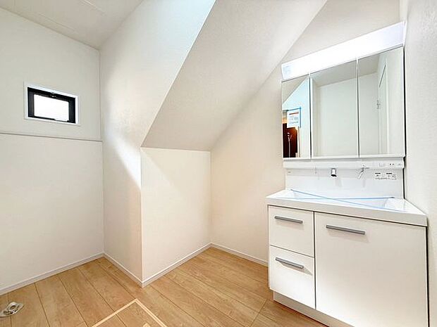 洗面台は横顔もチェックしやすい3面の鏡。鏡後ろは収納スペースとなっており、歯ブラシなどをしまえて便利です。また、洗面下にも収納スペースがあり、入浴剤やお風呂用洗剤などをしまっておけます。