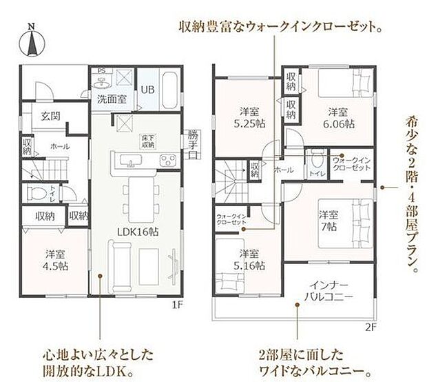2階建て。5LDK。LDK16帖。1階洋室4.5帖。2階洋室5.25帖。洋室5.16帖。洋室7帖。洋室6.06帖。対面式キッチン。主寝室にウォークインクローゼット。インナーバルコニー。