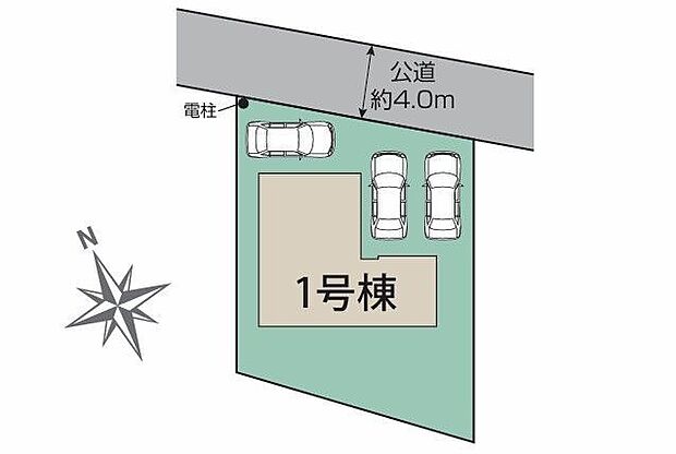 前面道路は北側、約4m。駐車スペース3台分(車種によります)。内2台は並列に停めることができるため、状況によって配置を変えることができるので便利です。