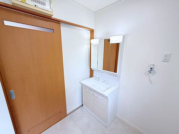 洗面台は横顔もチェックしやすい3面の鏡。鏡後ろは収納スペースとなっており、歯ブラシなどをしまえて便利です。また、洗面下にも収納スペースがあり、入浴剤やお風呂用洗剤などをしまっておけます。
