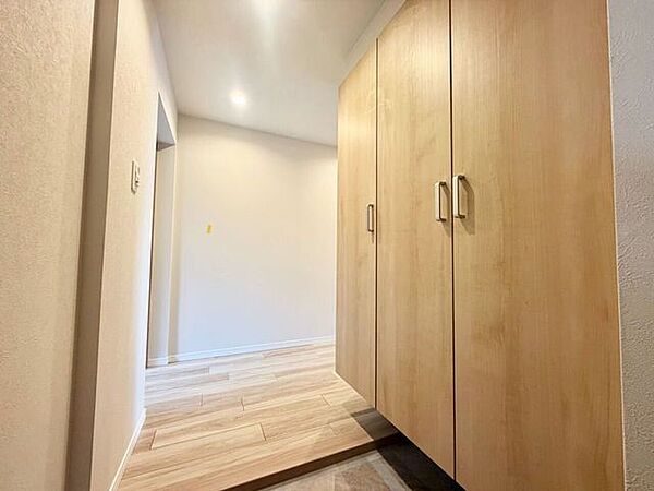 天井までの高さがあるタップリ玄関収納、姿見付きなのも便利です♪