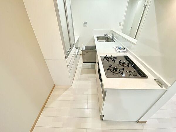 2026年8月に交換されたシステムキッチン。3口コンロや食器洗乾燥機、豊富な収納を備え、毎日の調理から面倒な後片付けまでスムーズに進められます。