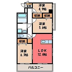 JR東北本線 宇都宮駅 バス18分 作新学院前下車 徒歩9分の賃貸マンション 8階3LDKの間取り