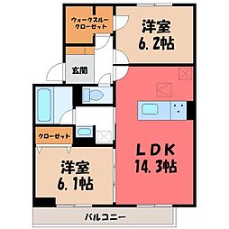 宇都宮芳賀ライトレール線 東宿郷駅 徒歩16分の賃貸アパート 1階2LDKの間取り