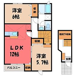 JR東北本線 宇都宮駅 バス20分 平松神社前下車 徒歩5分の賃貸アパート 2階2LDKの間取り