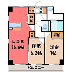 宇都宮芳賀ライトレール線 陽東3丁目駅 徒歩22分の賃貸マンション 3階2LDKの間取り