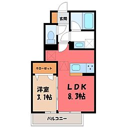 東武日光線 新栃木駅 徒歩8分の賃貸アパート 1階1LDKの間取り