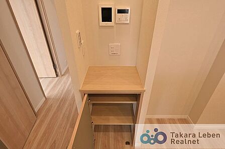 リビング入口に扉付き収納のカウンターがございます。こちらも飾り棚としてお好きにデコレートも◎