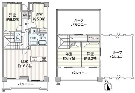 メゾネットの全居室5.0帖超え広々空間。南向きで陽当たり良好。開放感あるルーフバルコニー付きです。