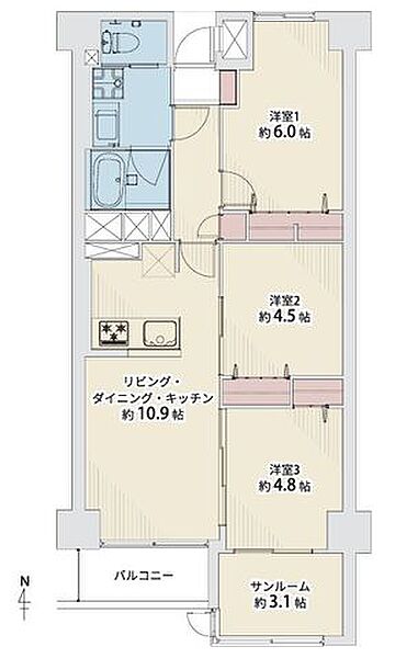 サンルーム付きの3LDK。5階南向きにつき採光・通風・眺望良好です♪