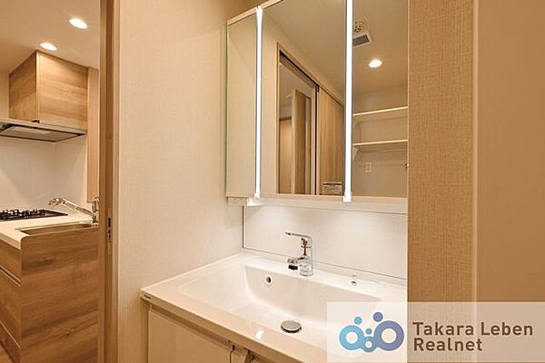 気持ちの良い朝はキレイな洗面所から。鏡裏の収納でモノが出がちな洗面所もスッキリ片付きます。