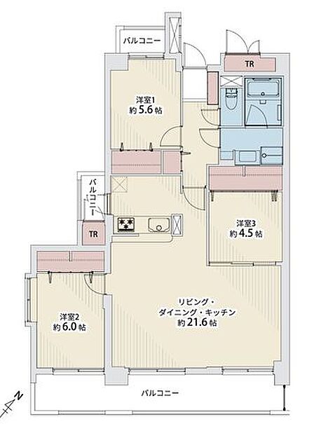 5階南西角部屋につき、採光・通風・眺望良好です。約21.6帖の広々LDKが魅力の3LDK。