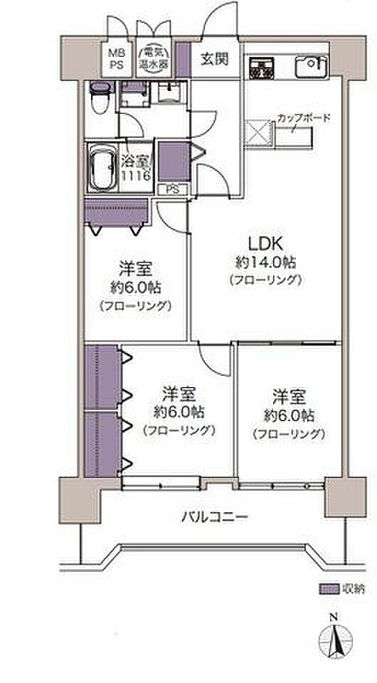 全室約6.0帖の洋室で家族間の部屋割もスムーズに。南向きバルコニーは2つの洋室に通じます。