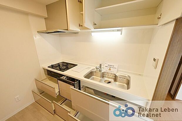 吊戸棚があり収納豊富な独立型システムキッチン。家事の手間が省ける食器洗浄機付きです。