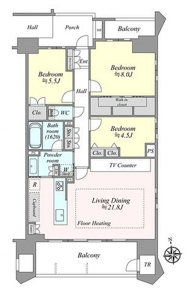 南東角住戸［93平米超・3LDK］主寝室8帖、玄関ポーチ付き、2面バルコニー、収納充実した広々した間取りです。
