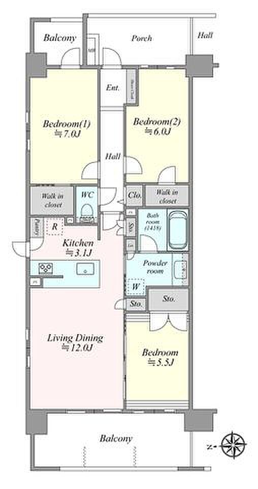 ※和室(約5.5帖)→洋室へ変更しております。12階角部屋につき全居室採光が得られる心地の良い室内空間です。