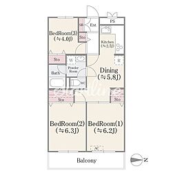 ドエルリバーサイド大島 1階3DKの間取り