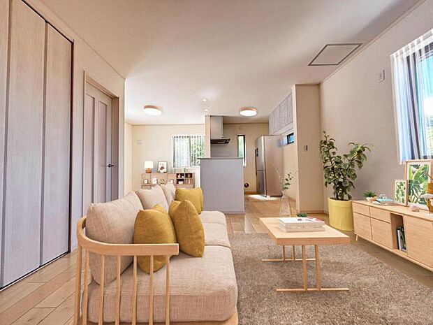 リビング（配置してある家具はCGによるイメージです）光と風があふれる開放的なリビングダイニングには、自然と家族みんなが集まってきます。（2025.7.25撮影）