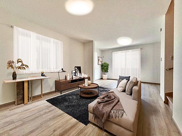 リビング(配置してある家具はCGによるイメージです)ゆとりあるキッチンスペースを備えるリビングは家族が1番くつろげる癒しの空間。動線を繋ぐリビングin階段で開放的な室内に挨拶の声が元気に響きます。